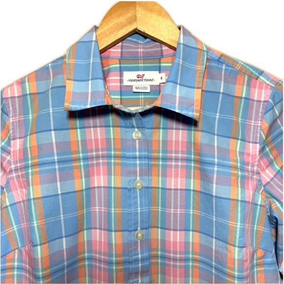 Vineyard Vines Women's Blue Pink Plaid 3/4 Button Popover Top Long Sleeve Size 6 - Picture 3 of 8